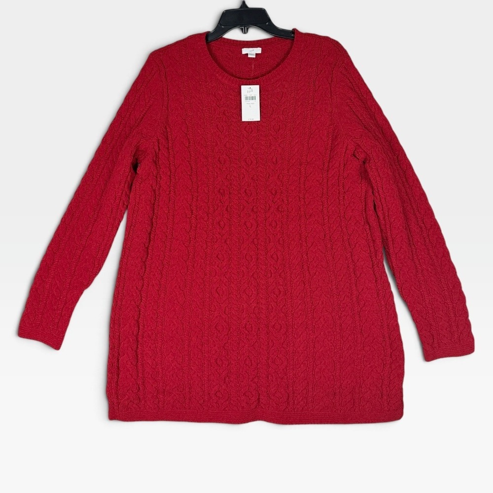 J. Jill Sweater Cable Knit Tunic Womens L Red Chenille Long Sleeve NWT